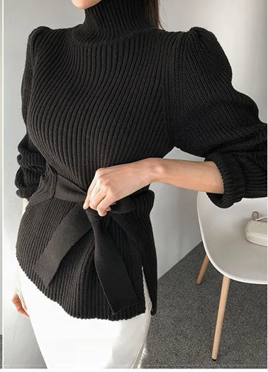 2019 осенний черный свитер с высоким воротом Shurgs для женщин поясной ремень вязаный свитер Элегантная Леди