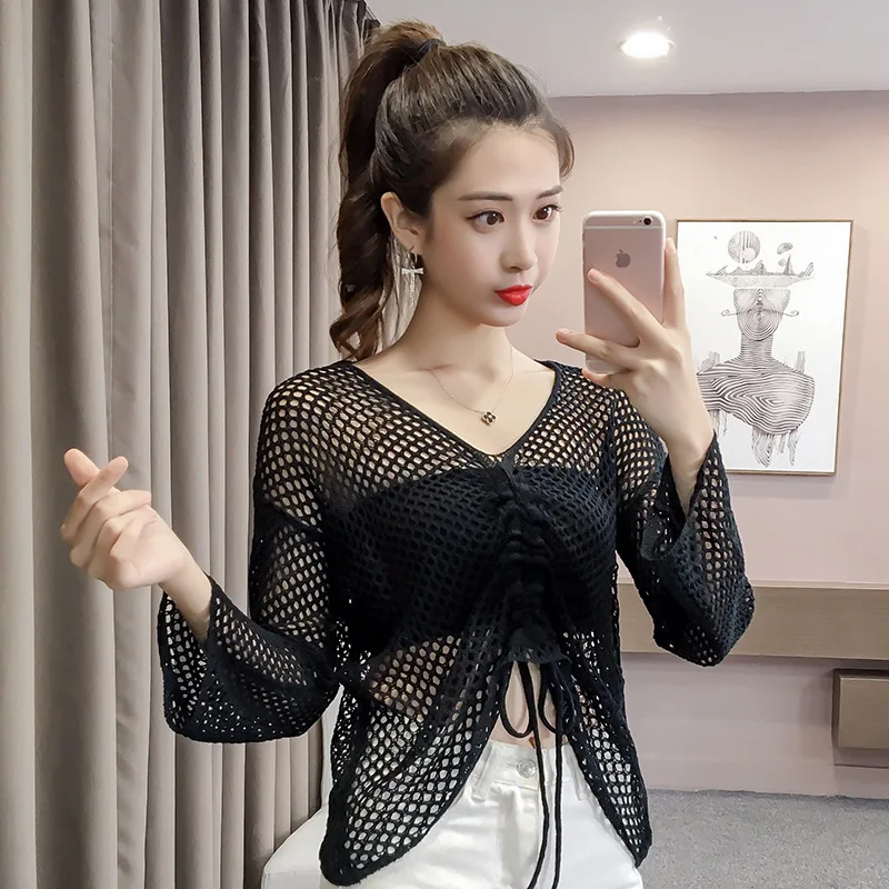 #1286 2018 Summer Korean Fashion Perspective Hollow Out Long Sleeve Knitted Pullover Lace-up Joker Sunscreen Short Mesh Tops Sweaters