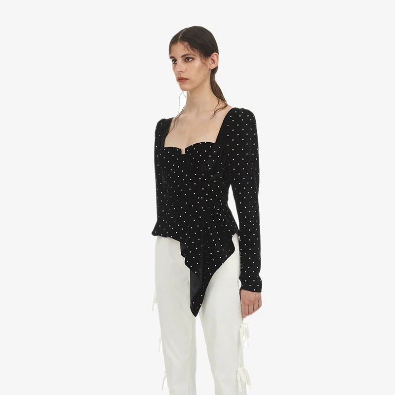 Backless Alta Crop Negro Otoño Vintage Collar Auto De Mujeres Primavera Nova Sexy Cuadrado Moda Diamantes Tops Retrato Las Calidad xSgqAnSZw