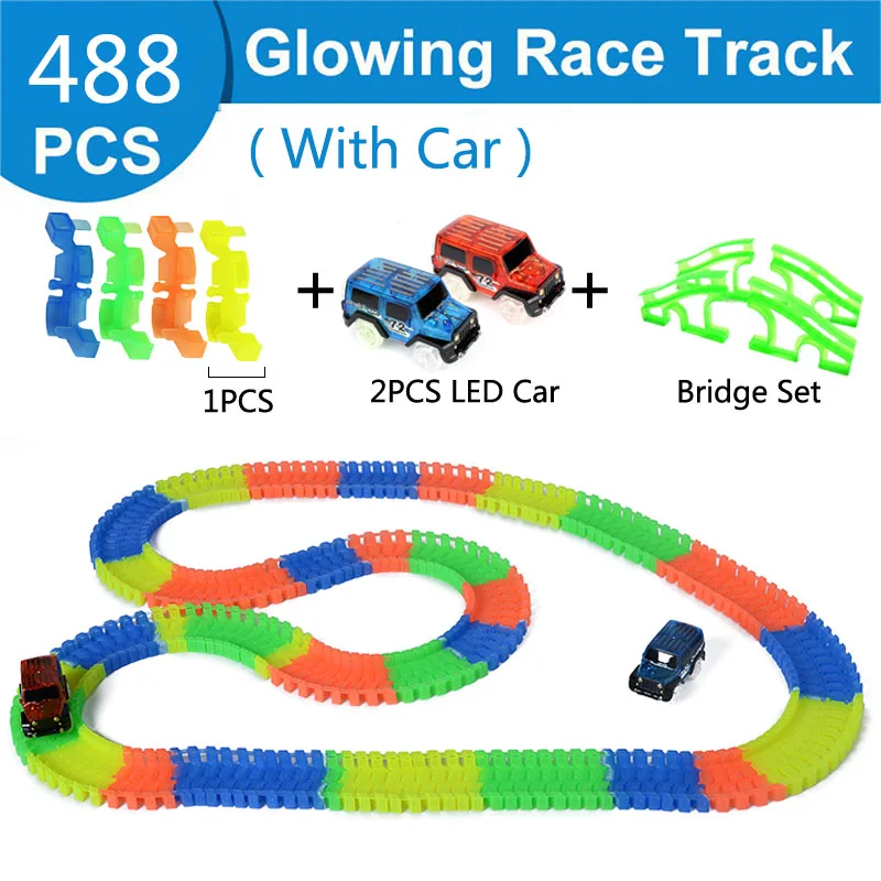

488pcs DIY Race Track Railway Car Glowing Magic Roller Coaster Flexible Track Car Game Set Glow in Dark Electronic Toy for Child