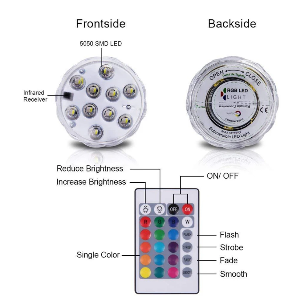 RGB 10LED 24key подводный светильник с дистанционным управлением, ПОГРУЖНОЙ водонепроницаемый цветочный чайный светильник-свеча для вазы, украшения аквариума