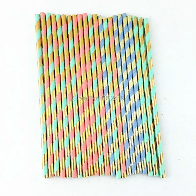 

New Arrival! 10000PCS Mixed FOIL GOLD PInk Green Blue Paper Straw Metallic Gold Drinking Striped Straw Wedding New Year Party