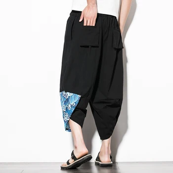 

Chinese style summer wide-legged beach shorts national patchwork Lantern leg loose linen casual shorts cross harem shorts men