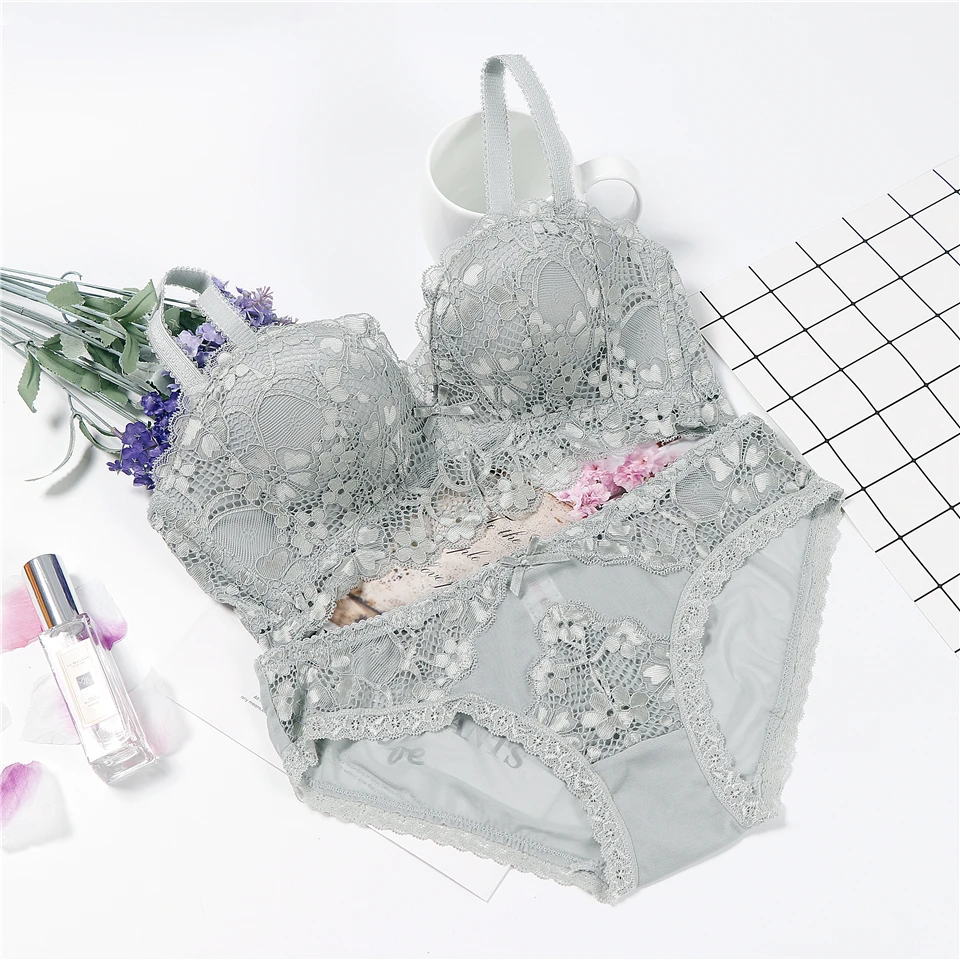 Комплект нижнего белья, беспроводной комплект с бюстгальтером, пуш-ап, чашка 3/4, комплект нижнего белья для женщин, сексуальный бюстгальтер, набор трусиков, серый, черный, белый, красный