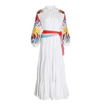 

2019 Boho High End Runway Design Women's Maxi Dress White Phoenix Embroidery O-Neck Full Lantern Sleeve Lace-Up Lady Swing Dress