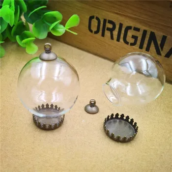 

50sets 30x15mm glass globe with crown base and 8mm cap set glass globe set glass vial pendant glass cover Jewelry Accessory