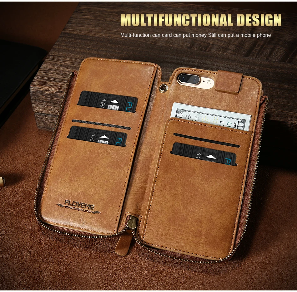 PU Wallet Case For iPhone 6 6S 7 Plus Leather Cover Zipper Handbag (8)