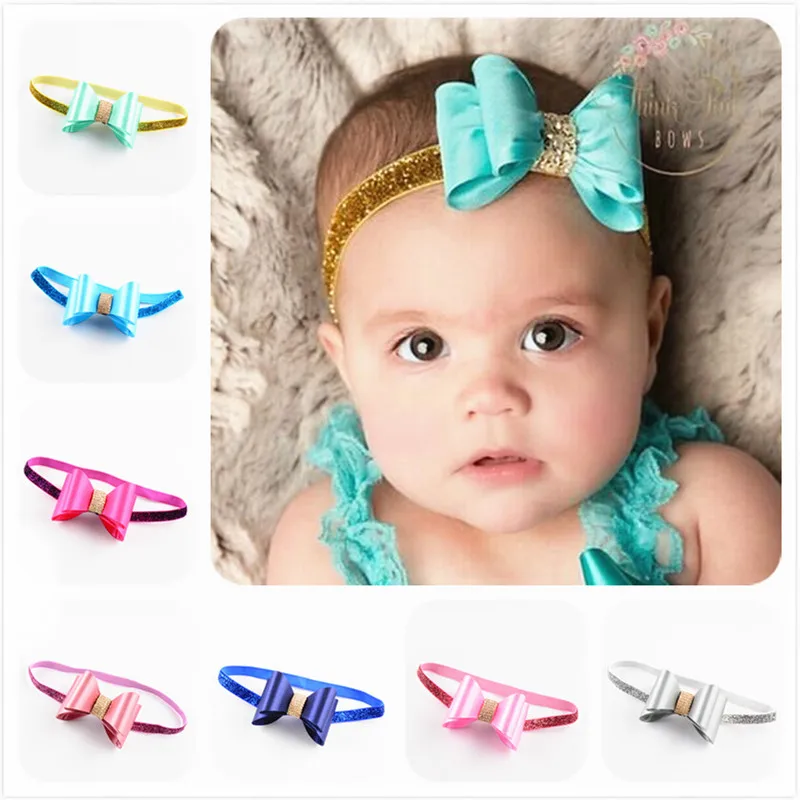 16pcs/lot Newborn Glitter Headband with PVC Bows Handmade Hard Bow Headbands For girls Hair