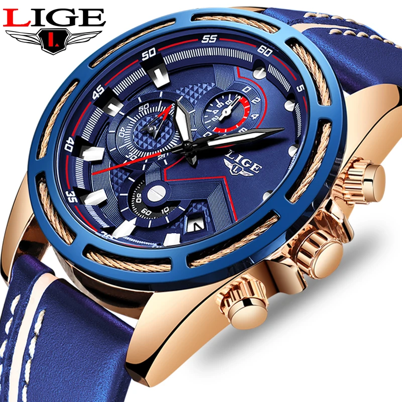 

LIGE Casual Sports Watches for Men Blue Top Brand Luxury Military Leather Wrist Watch Man Clock Fashion Chronograph Wristwatch
