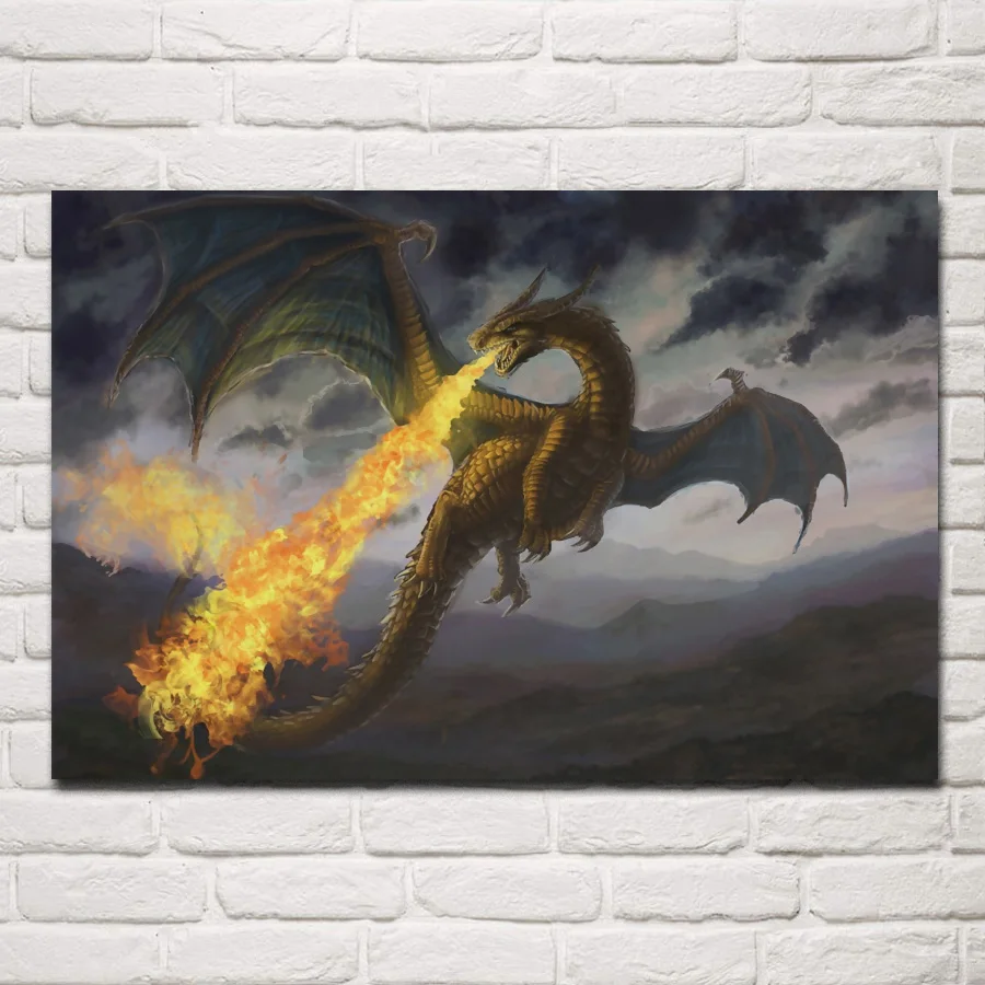 

fire dragon fantasy living room home wall art decor wood frame fabric posters MC470
