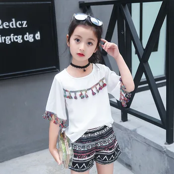 

Baby Girl Clothes 2019 Summer New Fringe Ethnic Style Short-sleeved + Shorts Chiffon 2 PC Teens Children's Clothes Sets 4-10 12Y