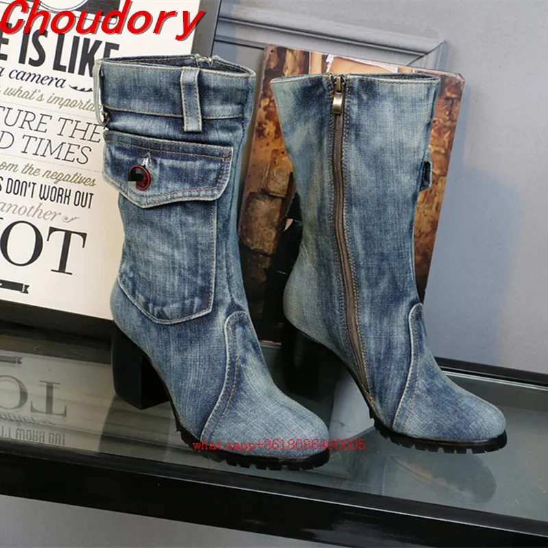 

Choudory Zapatos Mujer Thigh High Blue Denim Boots Chunky High Heels jeans Botines Mid-calf Western Style Winter Shoes Women