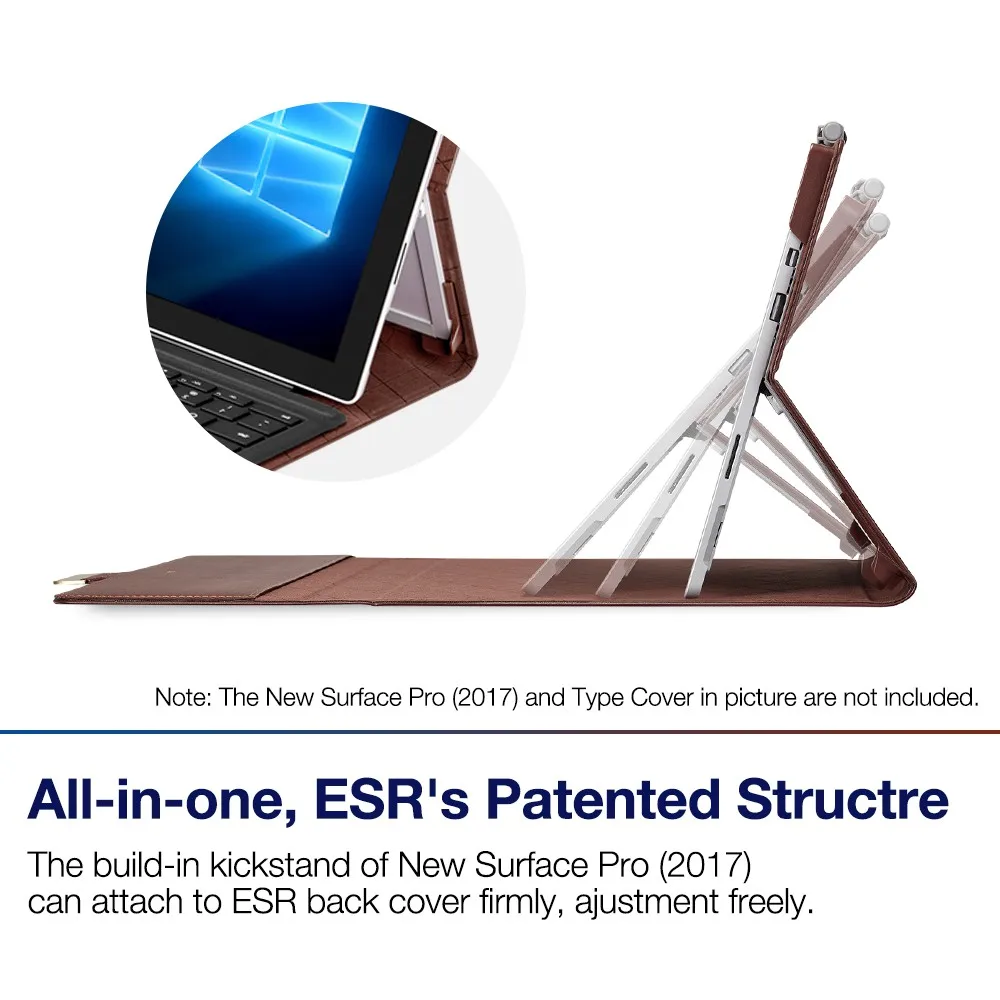 حالة لسطح برو 2017/برو 4 2015 ، ESR نمط الأعمال بو الجلود حامل مدمج مع زوايا عرض متعددة فوليو حامل حالة