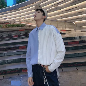 

Spring New Dress Shirt Men Fashion Striped Stitching Business Casual Shirt Man Streetwear Wild Loose Long-sleeved Shirt M-5XL