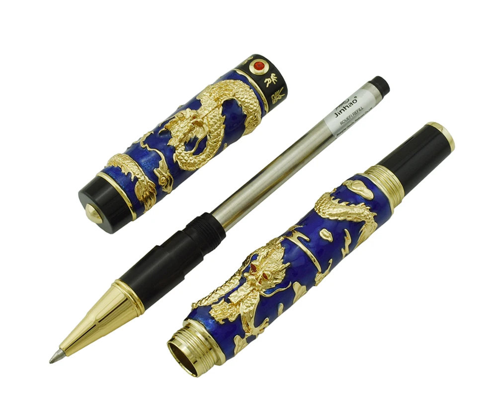 Jinhao, синяя перегородчатая Ручка-роллер с двойным драконом, с гладкой заправкой чернил, передовая ручка для письма, подарок для бизнеса, выпускника