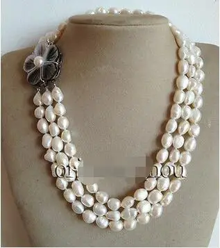 

Free Shipping >> 3 row 11-12mm Natural White Baroque Freshwater Pearl Shell Flower Necklace