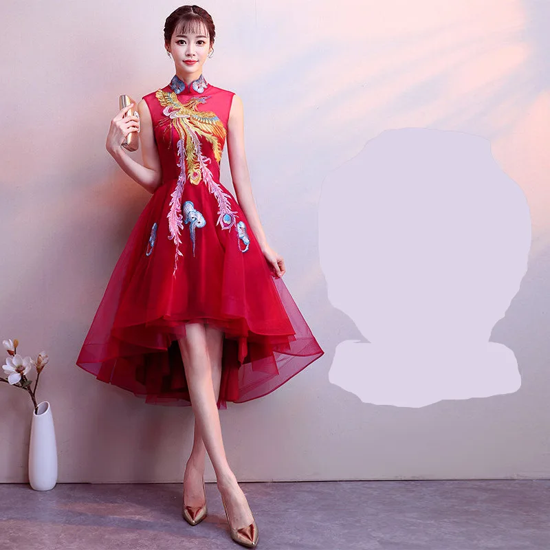 Традиционное китайское женское платье Cheongsam с вышивкой Феникс, элегантное Сетчатое платье с рукавом до локтя для свадебной вечеринки, винтажное платье Cheongsam