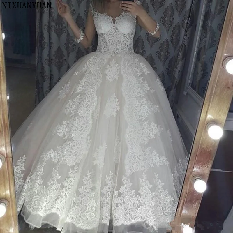

2019 Lace Applique Ball Gown Wedding Dresses with 3/4 Sleeves Sweep Train Custom Made Plus Size Wedding Gown Bridal Gowns