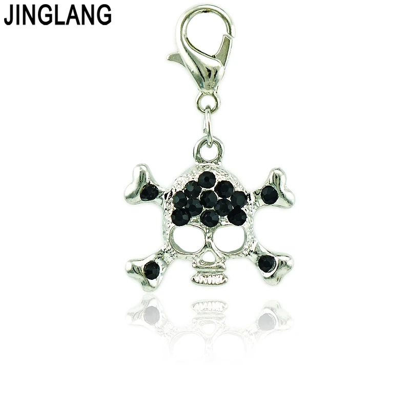 Jinglang Wholesale Lobster Clasp Charms Dangle Black Rhinestone Skull