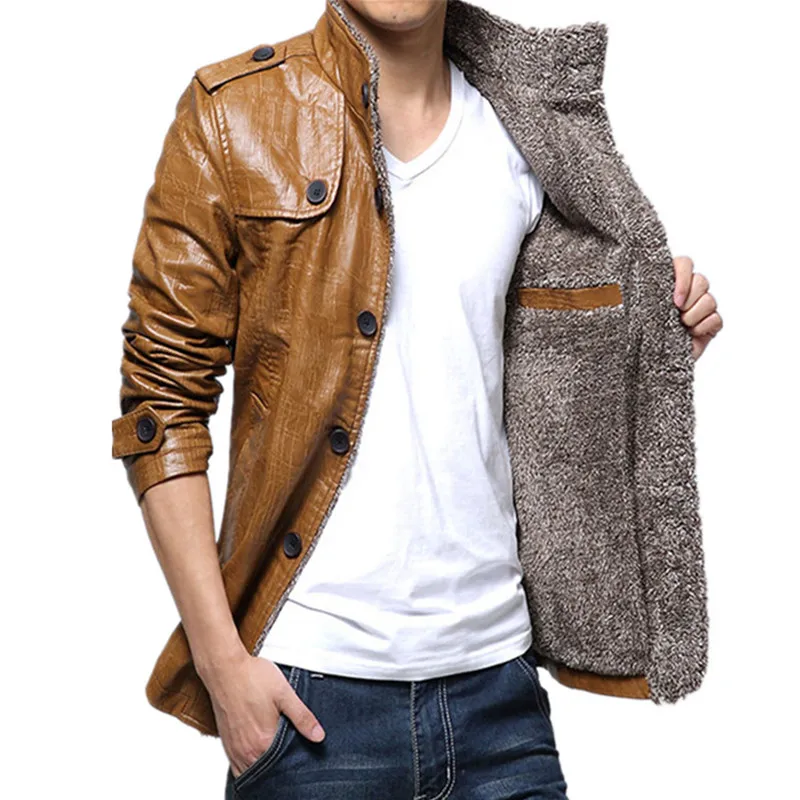

2018 winter fashion new men's casual plus velvet thick warm leather coat / Men's stand Collar Single Breasted pu wool Jacket