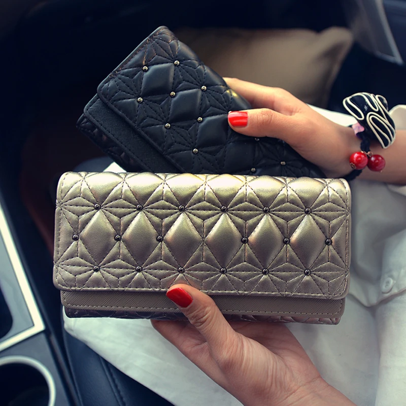 

Pu Women Black Rivet Long Wallet Casual Solid Hasp Purse Wristlets New Fashion Male Double Cover Clutches Cell Phone Bag