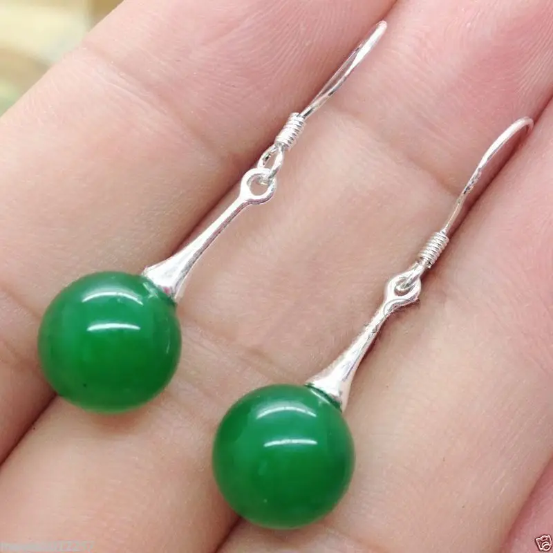 Free Shipping &gt&gt Genuine Natural Green Jade 10mm Gem stone Sterling Silver Dangle Earring | Украшения и аксессуары