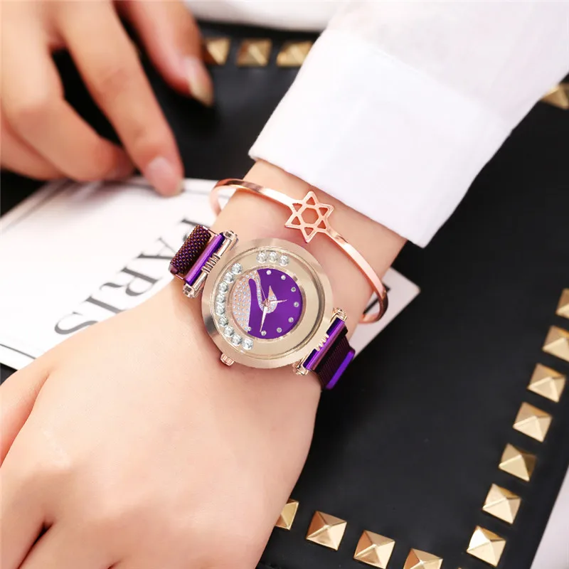 

Luxury Women Watches Fashion Elegant Magnet Buckle Vibrato Purple Ladies Wristwatch 2019 New Starry Sky Roman Numeral Gift Clo