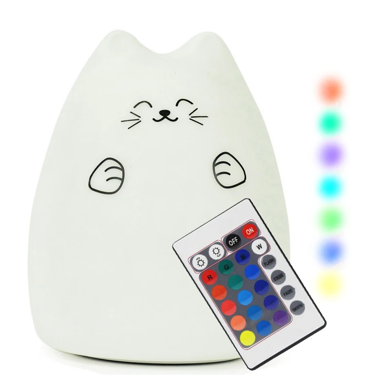 Dozzlor, 7 цветов, милый USB Ночной светильник, кот, светодиодный светильник для детской комнаты, мягкий силиконовый пульт дистанционного управления, 3D светодиодный ночник для детей