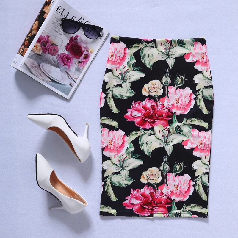 

KLV Flower Printing Women High Waist Stretchy Bodycon Office Midi Pencil Skirt