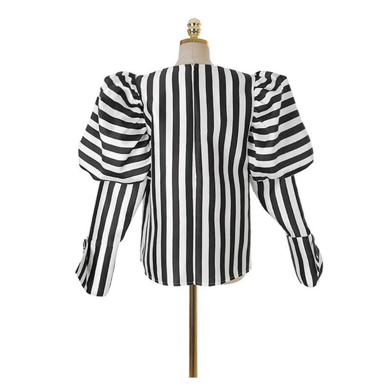 [LIVIVIO] полосатые рубашки блузки женские с круглым вырезом Фонарь с длинным рукавом винтажные элегантные топы женские Весенняя модная одежда