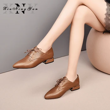 

Xiuningyan 2019 Women Pumps Genuine Leather Autumn Spring Lace Up Pointed Toe Footwear Low Heels Office Shoes woman Size 34-42