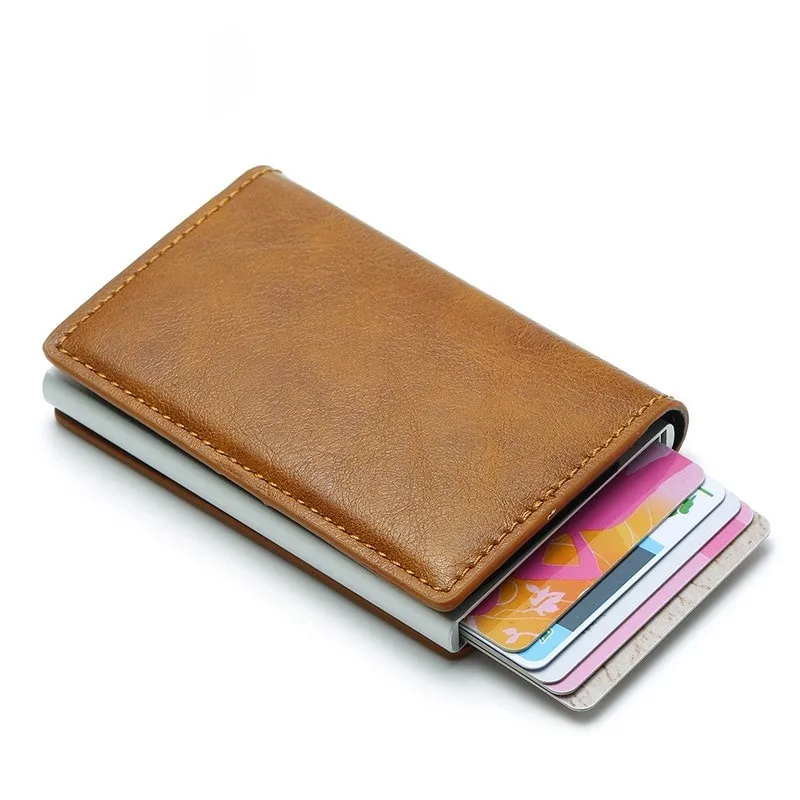 

Antitheft Men Vintage Credit Card Holder Blocking Rfid Wallet Leather Aluminum Metal Purse Male Money Storage Bag Thin Wallets
