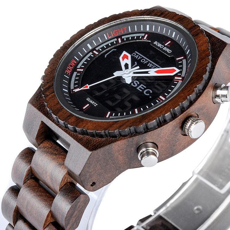 BOBO BIRD LED Digital Wood Case Watch Men Dual Display Quartz Watches Man Luxury relogio masculino in Bamboo Gift Box W-P02