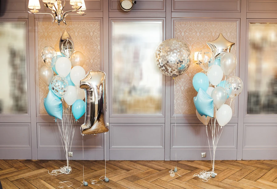

Laeacco Balloon Happy Baby 1 Birthday Party Chevrons Floor Celebration Portrait Photo Background Backdrop Photocall Photo Studio