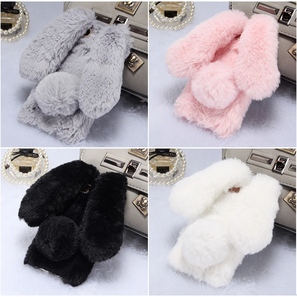 KIPX1033_2_For iPhone 7 8 Case 3D Rabbit Hairy Warm Winter Fur Bling Rhinestone Plush Bunny Cover Case for iPhone XS XR 5 5S SE 6S 7P 8 Plus