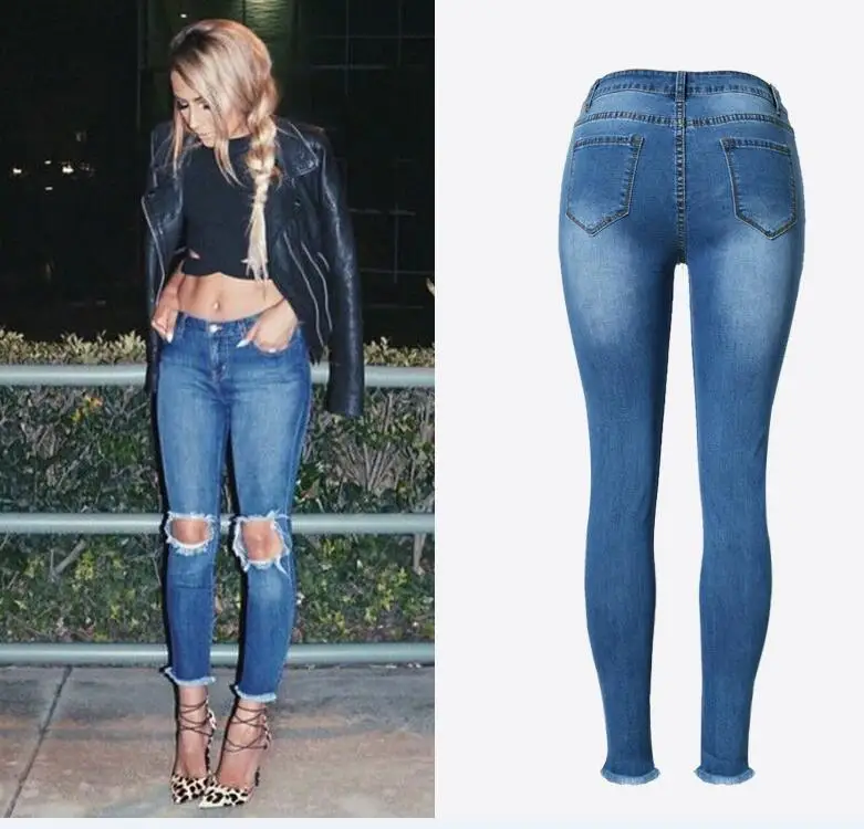 Джинсы с высокой талией женские узкие брюки с кисточками на подоле джинсовые рваные джинсы с порванными коленями для женщин