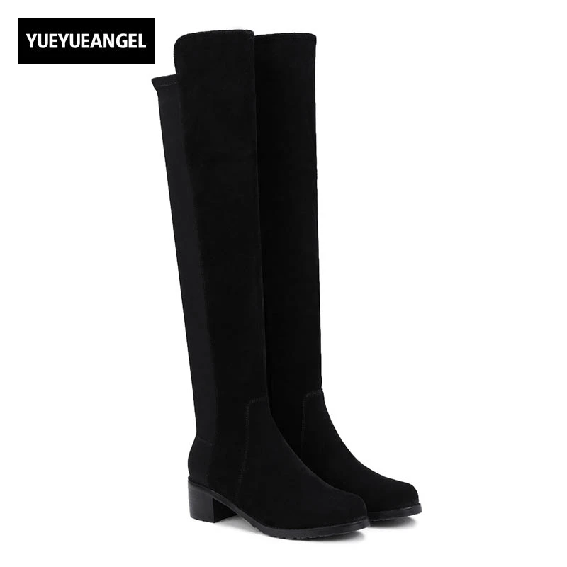 

2018 New Top Quality Brand Womens Stretch Slip On Knee High Heel Shoes Female Footwear Sexy Slim Round Toe Shoes Fleece Lining