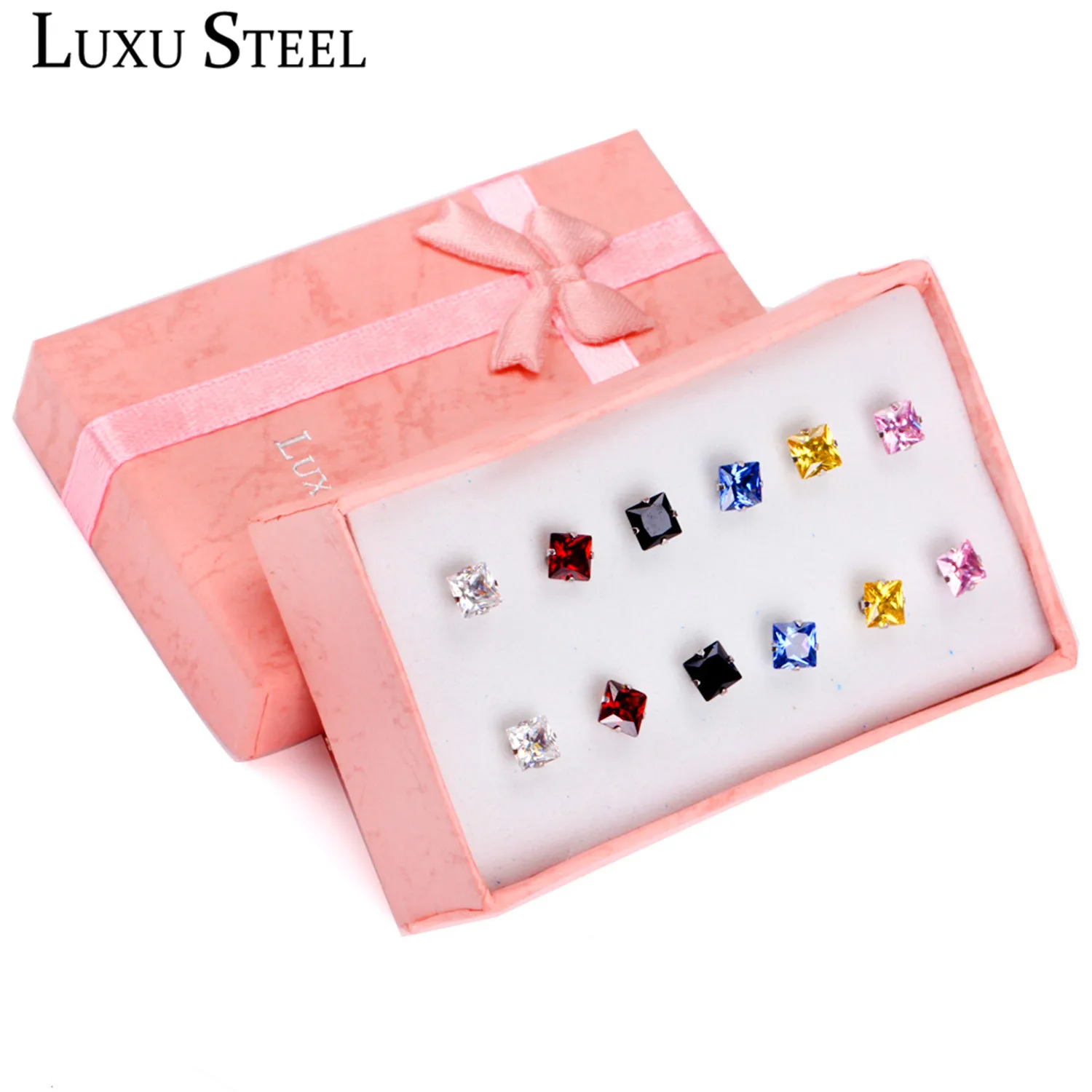 LUXUSTEEL Size 3mm/5mm/7mm Colorful Square Crystal Stud Earrings