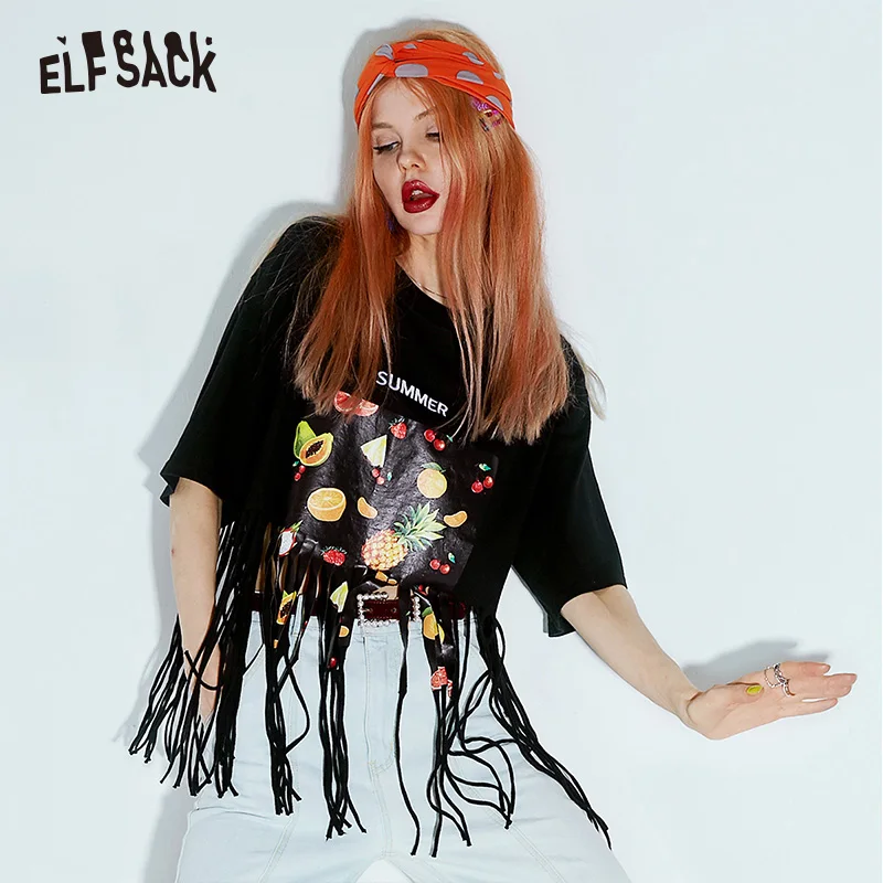 

ELF SACK Cotton Letter Print Tassel Women Tops 2019 Summer Fashion O-Neck Oversized Female T-shirt Casual Orange Basis T-shirts