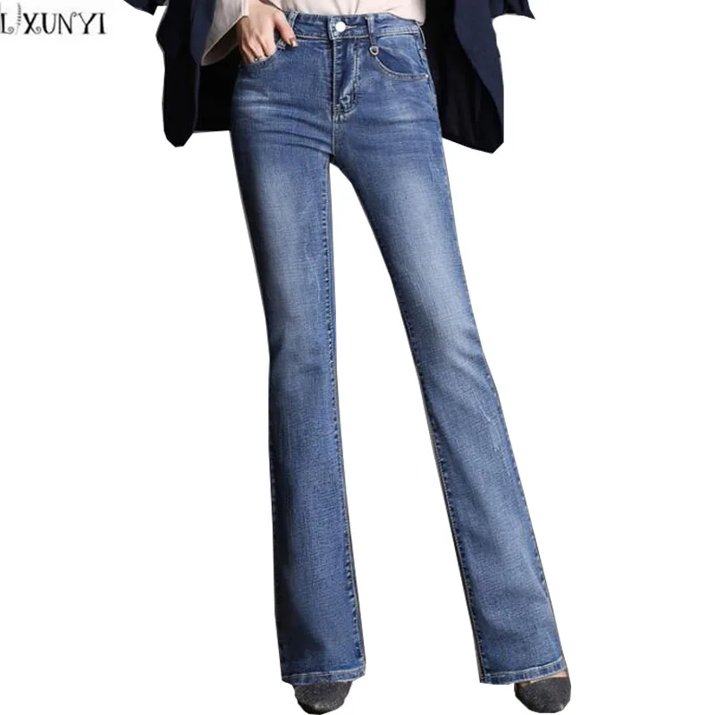 ФОТО High Waist Flare Pants Women Fashion loose Casual Jeans Woman Stretch High Quality Plus Size Denim Pants Female Trousers 26-40 