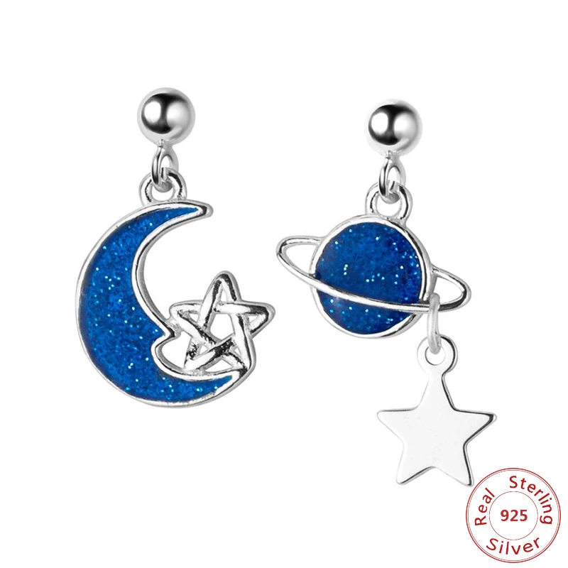 

New Asymmetric Drop Earrings Statement 925 Sterling Silver Sun Moon Star Blue Shiny CZ Crystal Stone Brincos Jewelry For Women