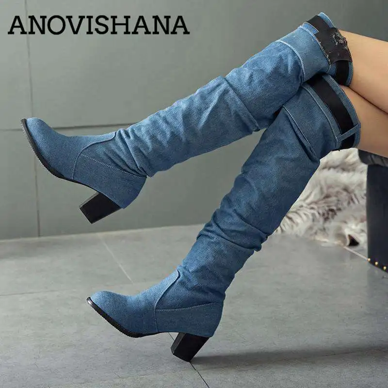 

ANOVISHANA big size 45 46 Spring winter denim boots shoes slip on knee boots women cowboy jeans chunky heels bootie botas mujer