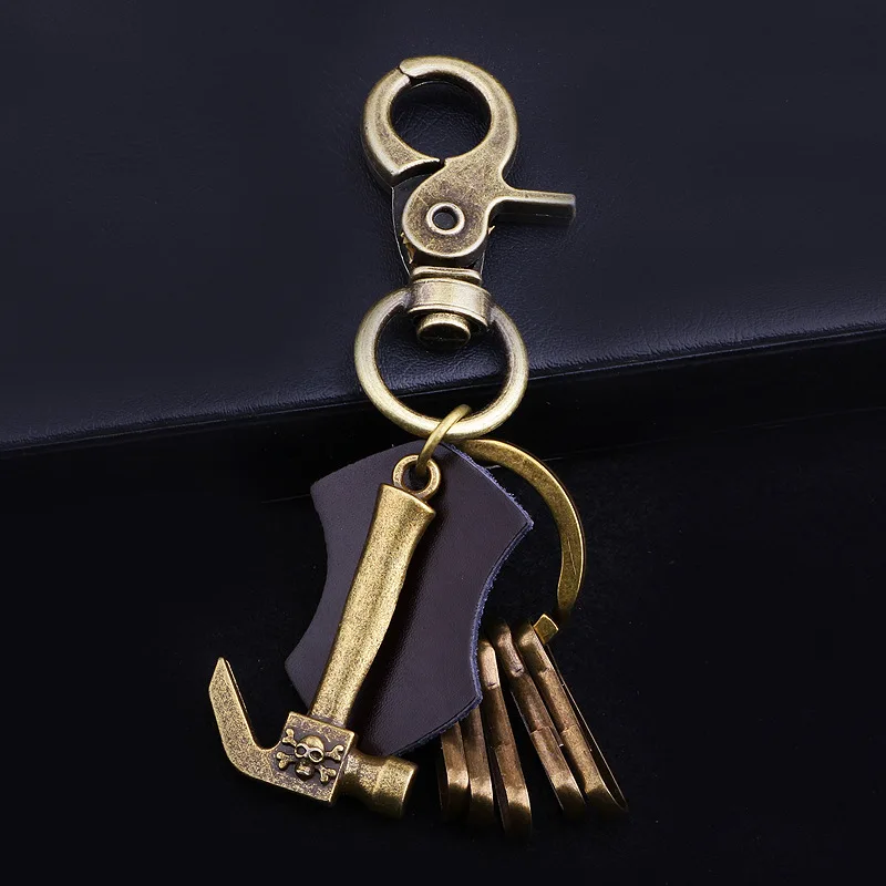 Tool Keychain Creative Antique Copper Leather Skull Hammer Tool
