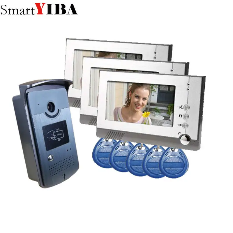 

SmartYIBA 7'' Wired Video Intercom RFID Access System doorphone Camera with Door Bell 3 Monitors for Multi- Apartments