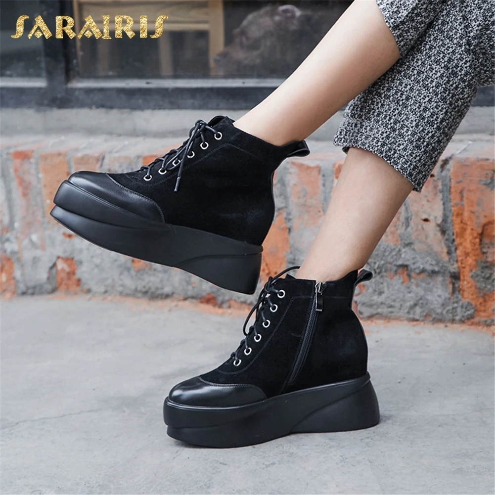 

SARAIRIS New Cow Leather Zip Up Platform Ankle Boots Woman Shoes Hot Sale Solid Shoes Woman Boots Size 34-39