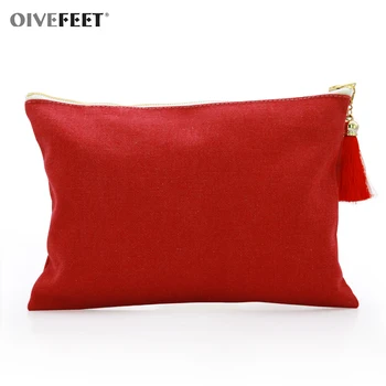 

OIVEFEET LGC245 16oz Plain Washed Red Cotton Canvas Clutch Handbag Red Tassel Canvas Clutch Gold Zipper Makeup Pouch