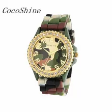 CocoShine A-733 Силиконовые Керамические Зеленый Камуфляж Наручные Часы Кристалл Рамка оптовая Бесплатная доставка