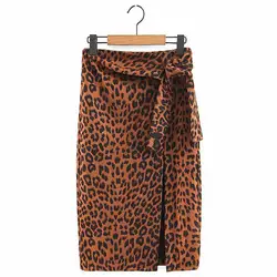 ANSFX мода Леопардовый Высокая Талия завязанный юбка-карандаш 2018 Винтаж Хепберн Для женщин удобные Повседневное спереди Разделение юбки Femme