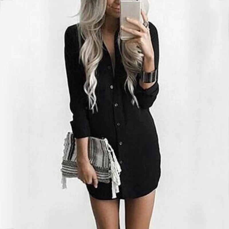 

Women Long Sleeve V Neck Blouse T- Shirt Mini Dress Shirt Loose Casual Lady Tops