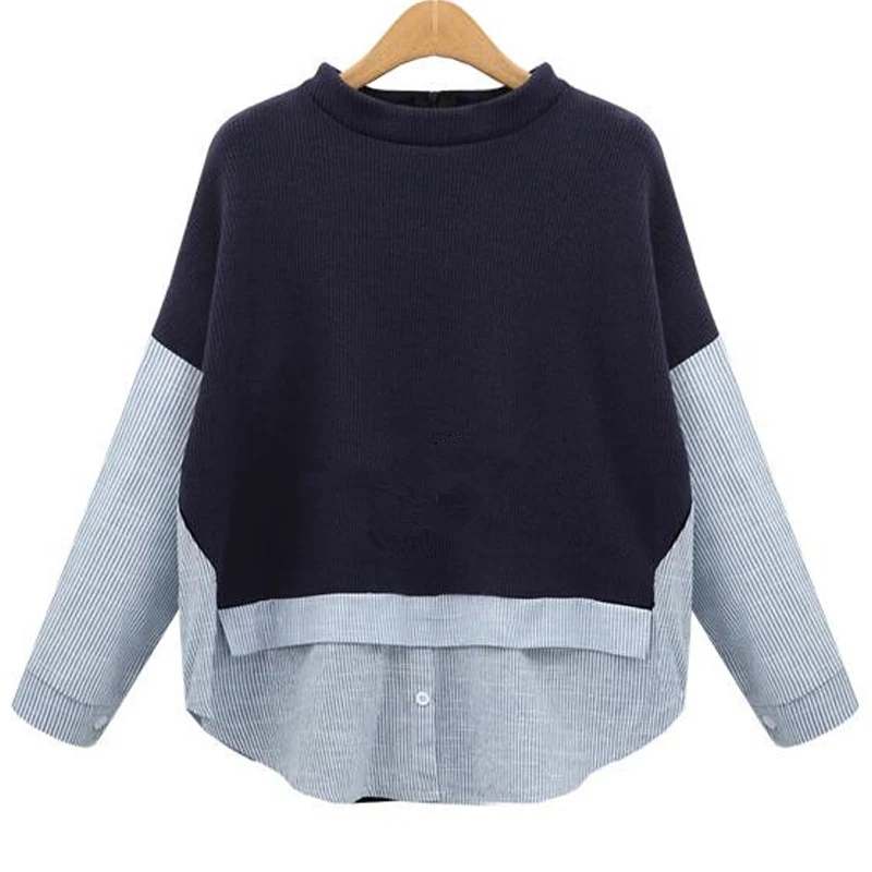 

2018 Autumn Fashion European Style Striped Patchwork Navy Pullover O Neck Loose Casual Sweatshirt Plus Size XL- 5XL Female Top